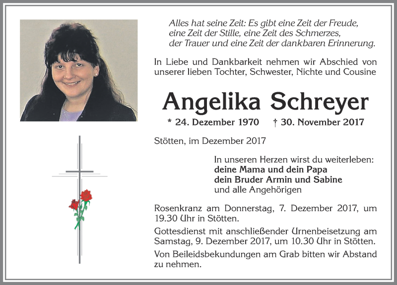  Traueranzeige für Angelika Schreyer vom 06.12.2017 aus Allgäuer Zeitung, Marktoberdorf