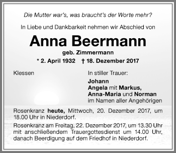 Traueranzeige von Anna Beermann von Memminger Zeitung