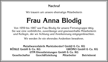 Traueranzeige von Anna Blodig von Allgäuer Zeitung, Marktoberdorf