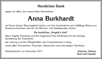 Traueranzeige von Anna Burkhardt von Allgäuer Zeitung, Marktoberdorf