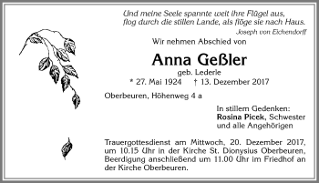 Traueranzeige von Anna Geßler von Allgäuer Zeitung, Kaufbeuren/Buchloe