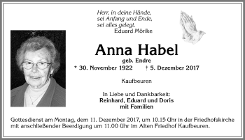 Traueranzeige von Anna Habel von Allgäuer Zeitung, Kaufbeuren/Buchloe