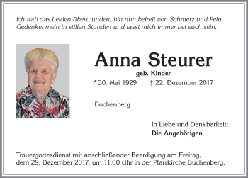 Traueranzeige von Anna Steurer von Allgäuer Zeitung,Kempten