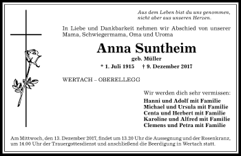 Traueranzeige von Anna Suntheim von Allgäuer Anzeigeblatt