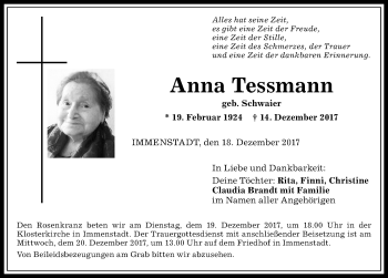 Traueranzeige von Anna Tessmann von Allgäuer Anzeigeblatt