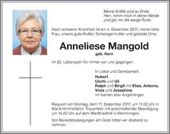 Traueranzeige von Anneliese Mangold von Memminger Zeitung