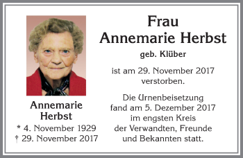 Traueranzeige von Annemarie Herbst von Allgäuer Zeitung, Kaufbeuren/Buchloe