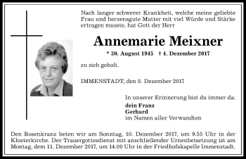Traueranzeige von Annemarie Meixner von Allgäuer Anzeigeblatt