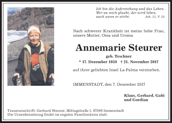 Traueranzeige von Annemarie Steurer von Allgäuer Anzeigeblatt