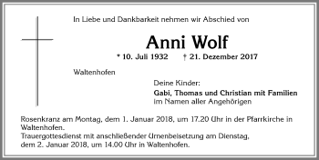 Traueranzeige von Anni Wolf von Allgäuer Zeitung,Kempten