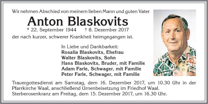  Traueranzeige für Anton Blaskovits vom 12.12.2017 aus Allgäuer Zeitung, Kaufbeuren/Buchloe