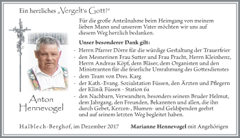 Traueranzeige von Anton Hennevogel von Allgäuer Zeitung, Füssen