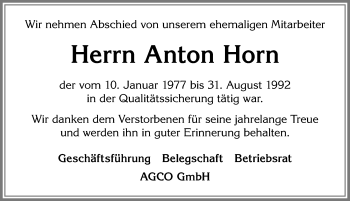 Traueranzeige von Anton Horn von Allgäuer Zeitung, Marktoberdorf