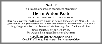 Traueranzeige von Anton Kolb von Allgäuer Zeitung,Kempten