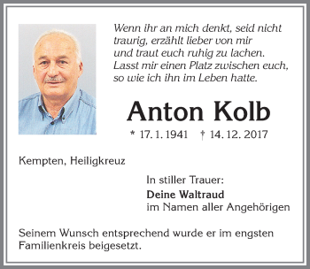 Traueranzeige von Anton Kolb von Allgäuer Zeitung,Kempten