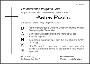 Traueranzeige von Anton Pawle von Der Westallgäuer