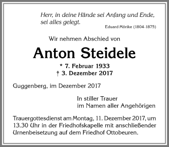 Traueranzeige von Anton Steidele von Allgäuer Zeitung,Kempten