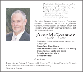 Traueranzeige von Arnold Gassner von Der Westallgäuer