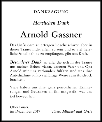Traueranzeige von Arnold Gassner von Der Westallgäuer