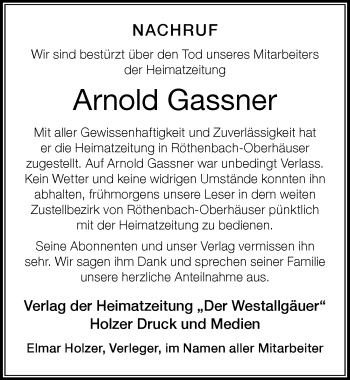 Traueranzeige von Arnold Gassner von Der Westallgäuer