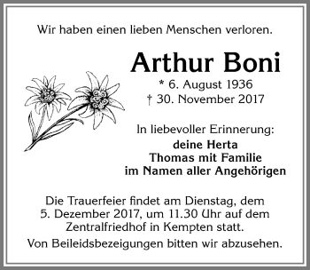 Traueranzeige von Arthur Boni von Allgäuer Zeitung,Kempten
