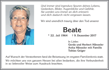 Traueranzeige von Beate  von Allgäuer Zeitung, Marktoberdorf