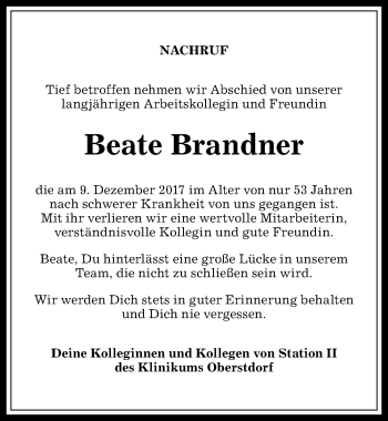 Traueranzeige von Beate Brandner von Allgäuer Anzeigeblatt