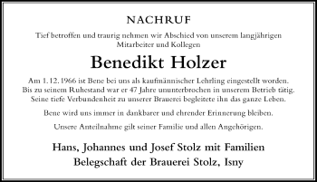 Traueranzeige von Benedikt Holzer von Der Westallgäuer