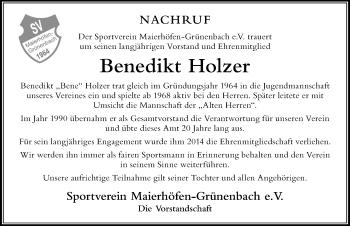 Traueranzeige von Benedikt Holzer von Der Westallgäuer