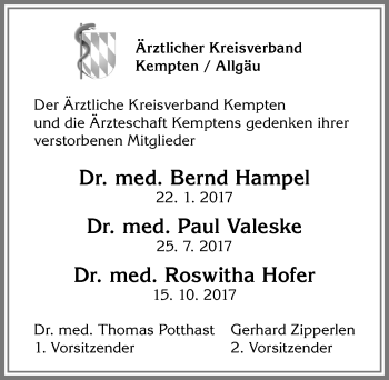 Traueranzeige von Bernd Hampel von Allgäuer Zeitung,Kempten