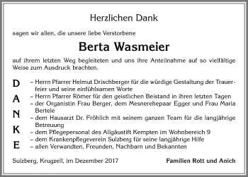 Traueranzeige von Berta Wasmeier von Allgäuer Zeitung,Kempten