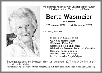 Traueranzeige von Berta Wasmeier von Allgäuer Zeitung,Kempten