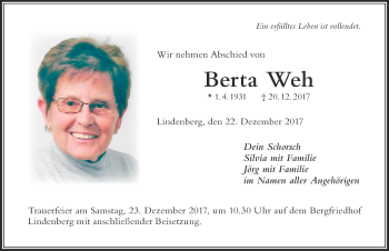 Traueranzeige von Berta Weh von Der Westallgäuer
