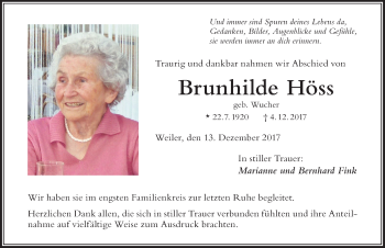 Traueranzeige von Brunhilde Höss von Der Westallgäuer