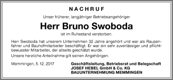 Traueranzeige von Bruno Swoboda von Memminger Zeitung