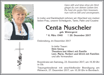 Traueranzeige von Centa Nuscheler von Allgäuer Zeitung, Marktoberdorf