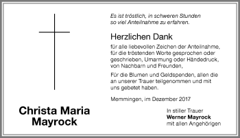 Traueranzeige von Christa Maria Mayrock von Memminger Zeitung