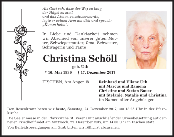 Traueranzeige von Christina Schöll von Allgäuer Anzeigeblatt