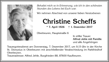 Traueranzeige von Christine Scheffs von Allgäuer Zeitung, Kaufbeuren/Buchloe