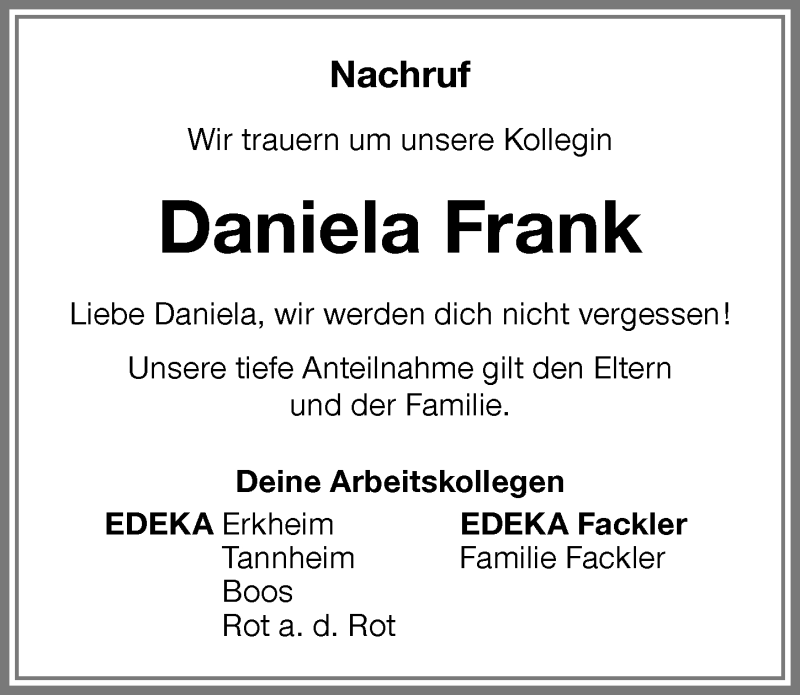  Traueranzeige für Daniela Frank vom 01.12.2017 aus Memminger Zeitung