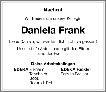 Traueranzeige von Daniela Frank von Memminger Zeitung