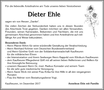 Traueranzeige von Dieter Ehle von Allgäuer Zeitung, Kaufbeuren/Buchloe