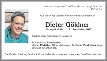 Traueranzeige von Dieter Göldner von Allgäuer Zeitung, Kaufbeuren/Buchloe