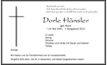 Traueranzeige von Dorle Hänsler von Der Westallgäuer
