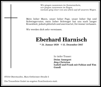 Traueranzeige von Eberhard Harnisch von Allgäuer Anzeigeblatt