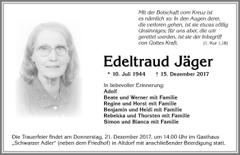 Traueranzeige von Edeltraud Jäger von Allgäuer Zeitung, Kaufbeuren/Buchloe