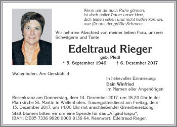 Traueranzeige von Edeltraud Rieger von Allgäuer Zeitung,Kempten