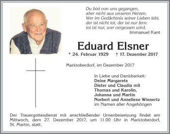 Traueranzeige von Eduard Elsner von Allgäuer Zeitung, Marktoberdorf