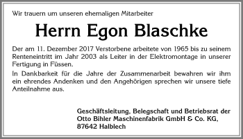 Traueranzeige von Egon Blaschke von Allgäuer Zeitung, Füssen