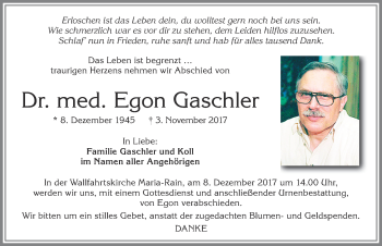 Traueranzeige von Egon Gaschler von Allgäuer Zeitung,Kempten